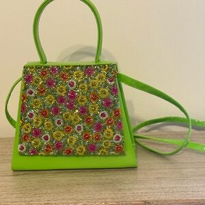 Caparros Lime Green Beaded Floral Mini Top-Handle Bag